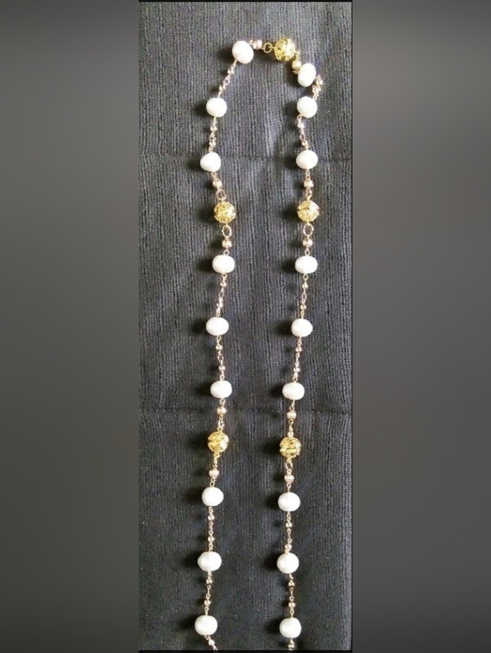 Gold and White Beaded Women's Necklace - Elegant Chain Accent
